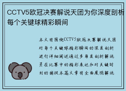 CCTV5欧冠决赛解说天团为你深度剖析每个关键球精彩瞬间