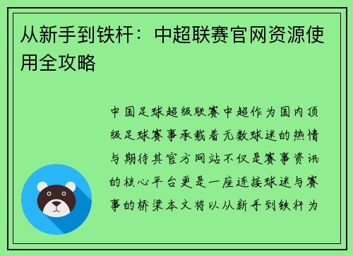 从新手到铁杆：中超联赛官网资源使用全攻略
