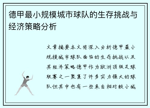 德甲最小规模城市球队的生存挑战与经济策略分析