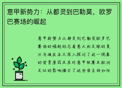 意甲新势力：从都灵到巴勒莫，欧罗巴赛场的崛起